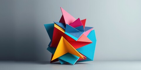 Abstract geometric shapes created from vibrant, multi-colored paper in a minimalist composition