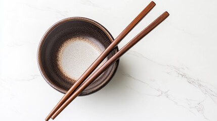 Wooden chopsticks and bowl on a white surface.
