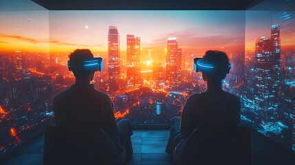 A young couple wearing VR headsets sits in a glowing futuristic living room with a digital city view outside. The image has a modern, exciting feel, perfect for VR tech or digital innovation ads.