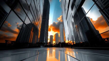 Cityscape sunset reflected on modern buildings.
