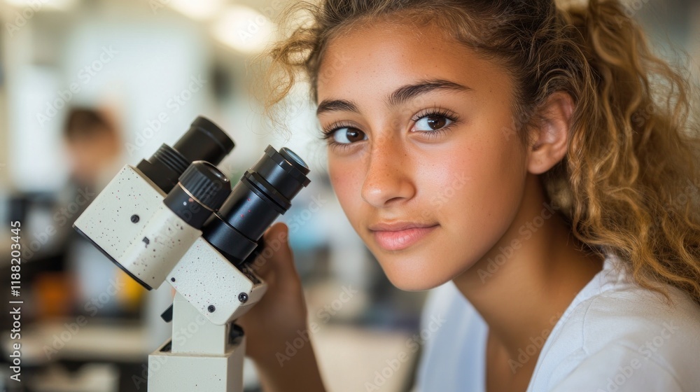 Poster young woman scientist using a microscope in lab