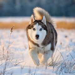 Fototapeta premium 雪原を走るシベリアンハスキー