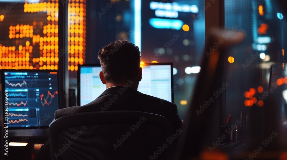 Poster Man Working Late Analyzing Financial Data Graphs