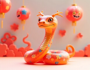 Playful Snake Figure with Floral Designs and Festive Lanterns for Chinese New Year