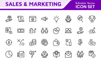Sales and Marketing Icon Set. A dynamic collection of icons designed to enhance branding, promotions, and customer engagement, perfect for marketing materials and business applications.