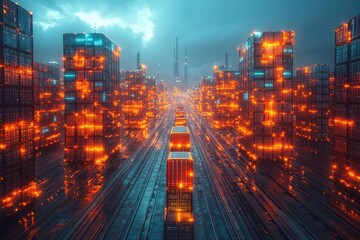 Fototapeta premium Brightly lit shipping containers lined up in a futuristic port during twilight, with a skyline in the distance