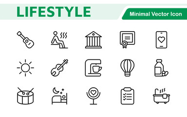 Lifestyle Icon Set. A chic and versatile collection of icons representing wellness, hobbies, daily living, lifestyle, and personal growth.