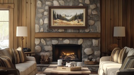 Cozy Cabin Living Room With Stone Fireplace