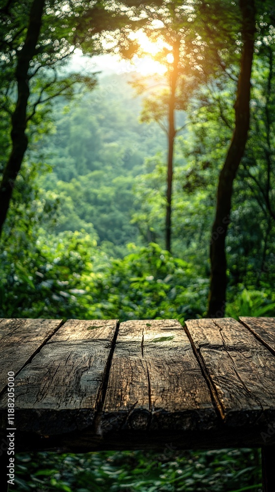 Poster a forest scene with sunlight filtering through the trees, in focus, and a wooden table in the foregr