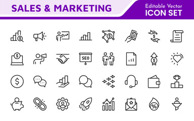 Sales and Marketing Icon Set. A dynamic collection of icons designed to enhance branding, promotions, and customer engagement, perfect for marketing materials and business applications.