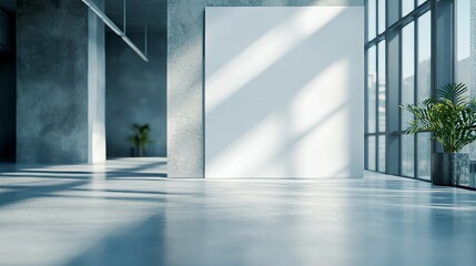 Obraz premium A modern interior with a blank white panel, sunlight, and a green plant