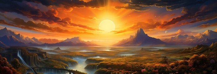 Breathtaking sunset over a serene valley with vibrant colors and mountains reflecting in the water.