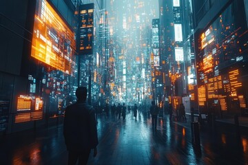 Urban landscape at night with vibrant neon lights and people walking through a futuristic city