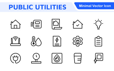  Public utilities linear signed icon collection. Signed thin line icons collection. Set of public utilities simple outline icons.