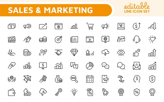 Sales and Marketing Icon Set. A dynamic collection of icons designed to enhance branding, promotions, and customer engagement, perfect for marketing materials and business applications.