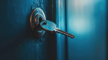 A close-up of a key inserted in a door lock, emphasizing security and access.