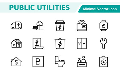  Public utilities linear signed icon collection. Signed thin line icons collection. Set of public utilities simple outline icons.