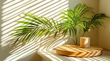 Fototapeta premium Sunlight streams through blinds onto a wooden round stand with a candle and a tropical plant.