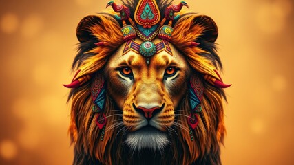 A majestic lion adorned with an elaborate tribal headdress of colorful feathers, beads, and intricate patterns, showcasing a powerful and ancient beauty