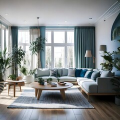 Naklejka premium minimalist living room bathed in natural light from a large window. Frame mockup, Living room wall poster mockup. Interior mockup with house background. Modern interior design. 