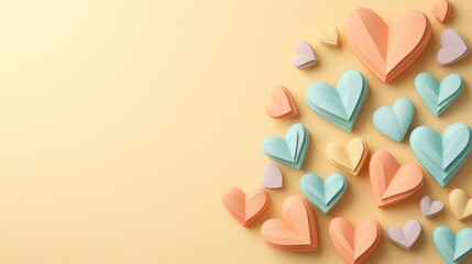 A creative Valentine’s Day background showcasing layered pastel hearts in peach, mint, and yellow tones on a warm yellow backdrop. 