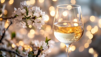 White wine glass with spring blossoms and bokeh lights.