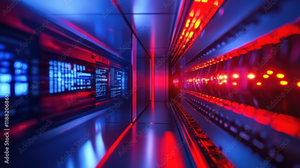 Poster Illuminated Server Room Corridor Displays Data Processing