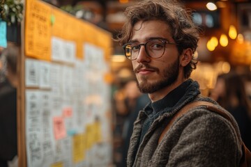 Fototapeta premium Young man with glasses standing near bulletin board in cafe during evening
