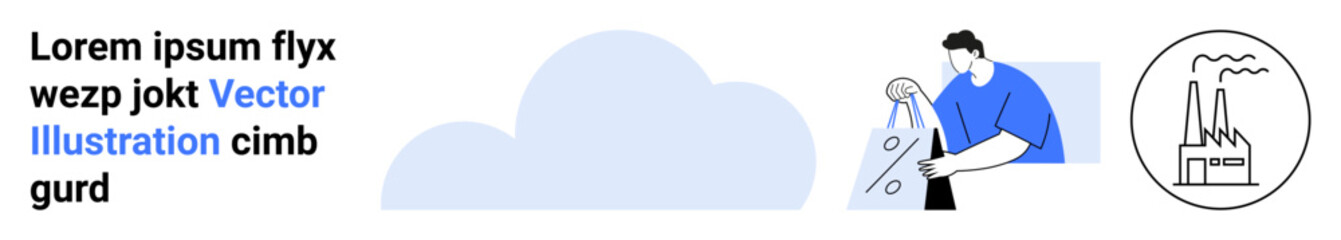 Person holding shopping bag with percentage symbol, factory icon, blue cloud background. Ideal for commerce, sales, shopping, marketing, environment industry minimalism. Landing page