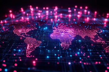 Fototapeta premium Digital representation of the world map showcasing vibrant blue and pink lights in a network grid design