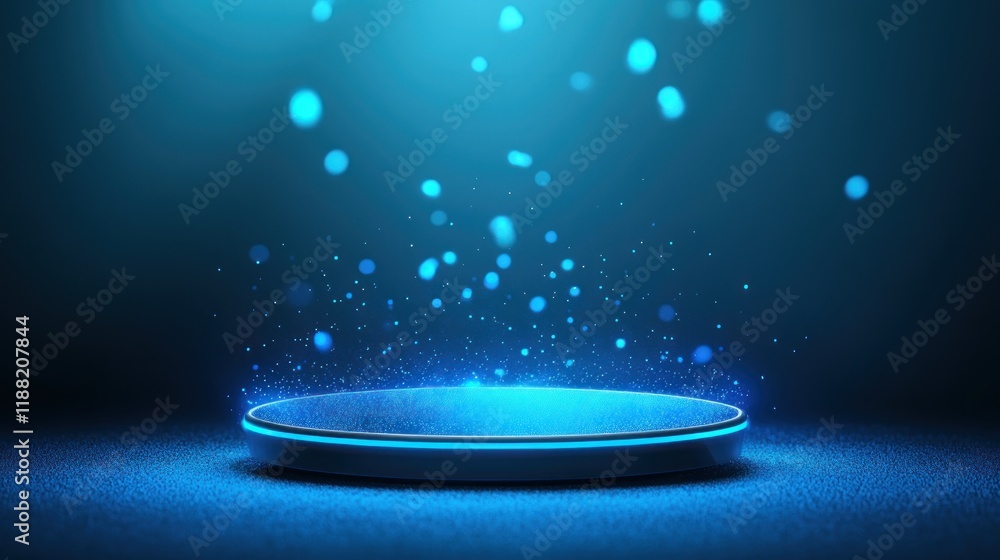 Poster Illuminated Circular Platform with Blue Particles Falling