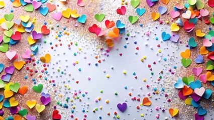 Fototapeta premium Colorful paper hearts scattered on a white background with confetti overlay and glittery effects, wedding, confetti, wedding