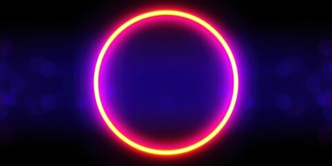 Obraz premium A glowing neon ring of pink and yellow light against a dark background with bokeh effects