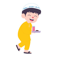 Happy Muslim boy in traditional attire, carrying food joyfully, celebrating Ramadan iftar with cheer.