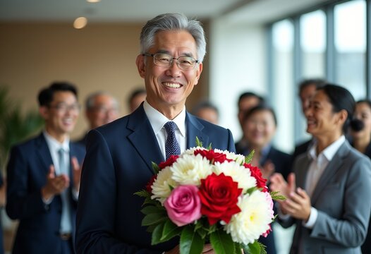 現代オフィスで日本のエグゼクティブの退職を同僚と共に祝う、感謝と尊敬の色彩豊かな花束