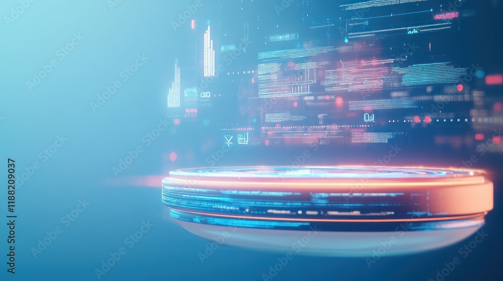 Poster Futuristic Platform Displays Digital Data Streams
