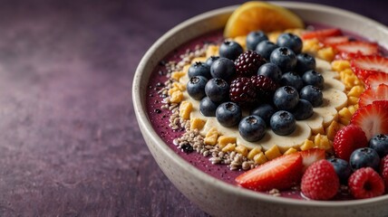 Bowl of smoothie topped with diverse fruits and seeds, vibrant colors, artistic arrangement, copy space
