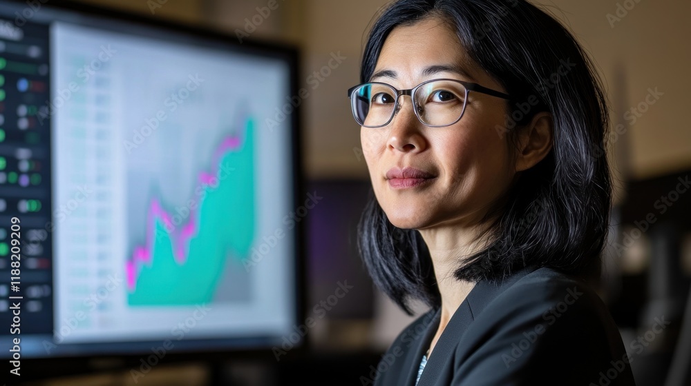 Poster woman analyzing financial data on computer screen