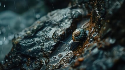 Obraz premium A close-up of a snail on a wet rock, surrounded by rain droplets and natural textures.