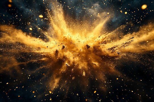 A gold and black powder explosion symbolizing luxury and elegance in a dramatic and vibrant motion