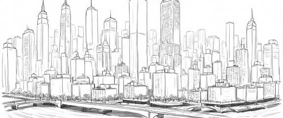 Fototapeta premium Hand-drawn sketch of an American city street with architecture and traffic.