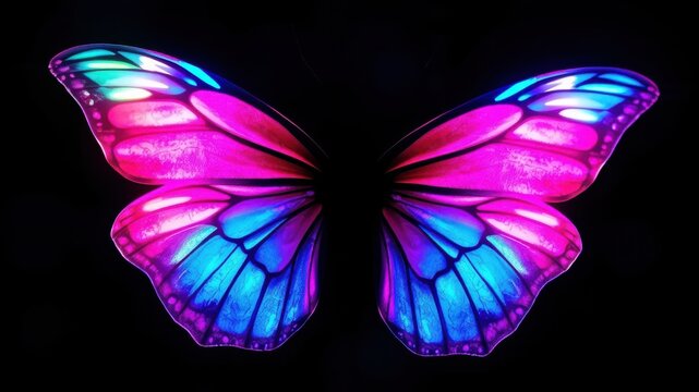 A vibrant butterfly wing with neon pink and blue hues, illuminated against a dark backdrop.