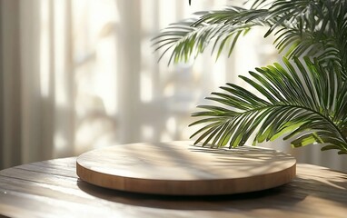 Sunlit wooden round display on table with palm leaves.