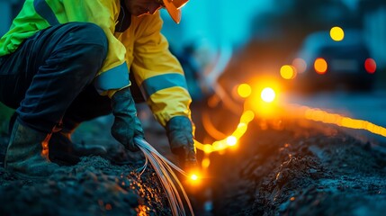 Worker installing cables in a trench, illuminated by warm lights, at dusk, showcasing dedication to infrastructural development.