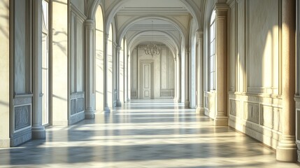 Obraz premium Sunlit classical hallway with arched ceilings, columns, and marble floor.