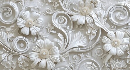 Whimsical white floral designs with swirls and curves in a fresh white pattern background