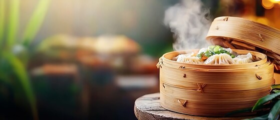 Obraz premium Steamed dumplings in bamboo steamer with fresh herbs, beautifully arranged on a rustic wooden table.