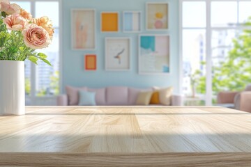 Cozy living room with wooden table and floral decor in sunlit apartment