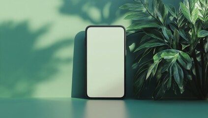 Smartphone mockup with tropical leaves and shadows on green background.