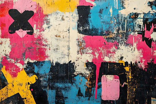 Fototapeta A grunge-inspired poster with a mix of vivid graffiti tags, bold typography, and abstract textures on a vibrant background